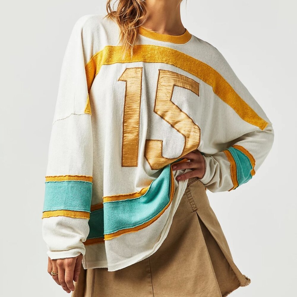 We The Free Varsity Inspired Sports Tee in Ivory Combo SMALL NWT